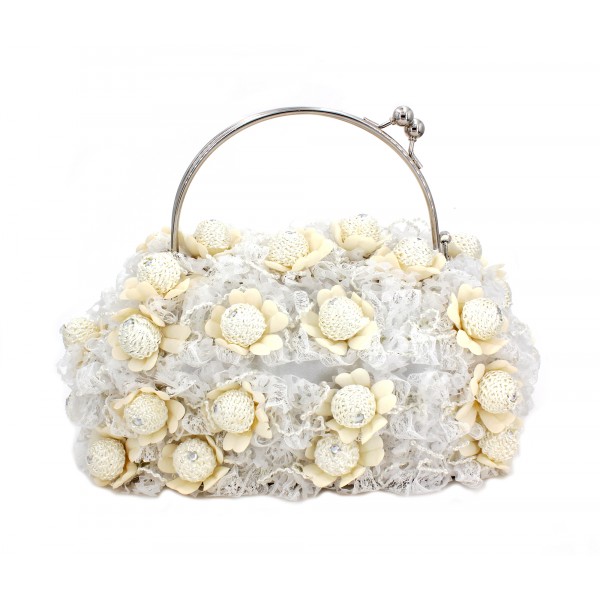 Evening Bag - Rosettes w/ Metal Handle - White - BG-88964WT
